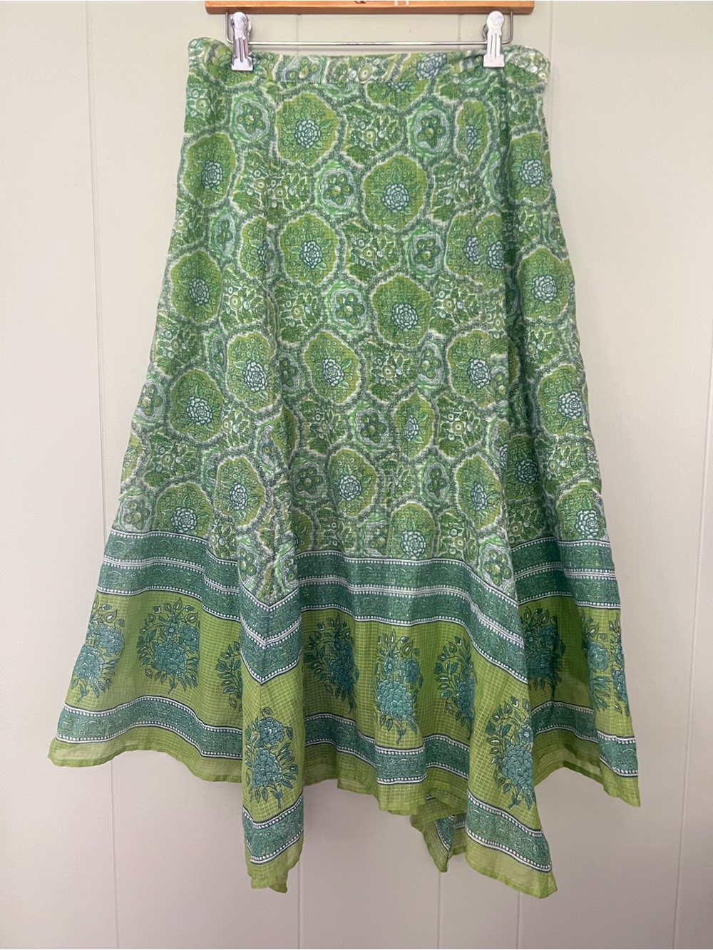 Vintage Paisley Green Blue Flowy Bohemian Fairycore Festival Midi Skirt Size M